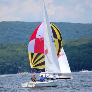 Flying Scot spinnaker designed like the Maryland state flag