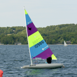 Hot green, medium blue and purple Mad Butterfly sail