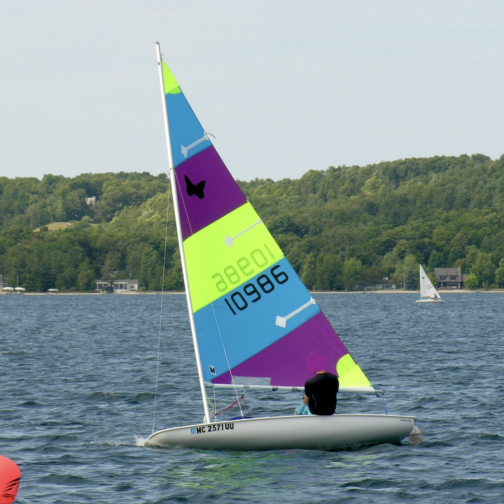 Hot green, medium blue and purple Mad Butterfly sail